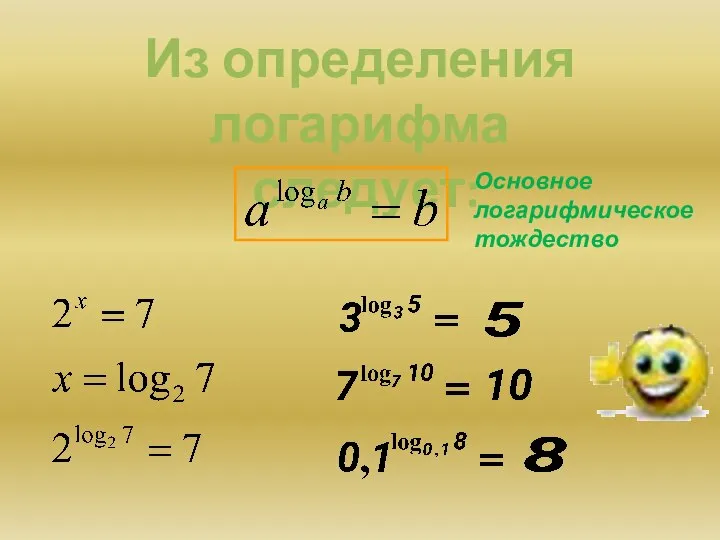 Из определения логарифма следует: Основное логарифмическое тождество