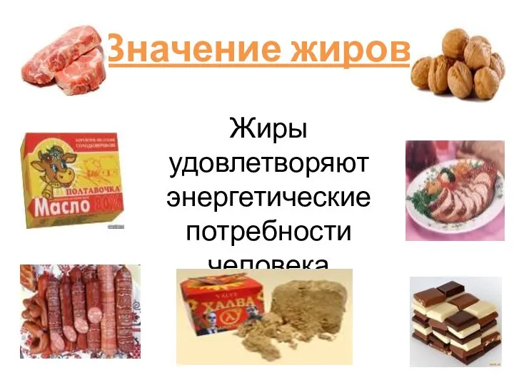 Значение жиров Жиры удовлетворяют энергетические потребности человека