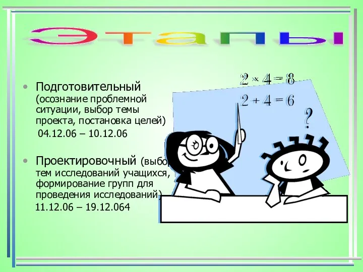 Подготовительный (осознание проблемной ситуации, выбор темы проекта, постановка целей) 04.12.06 –