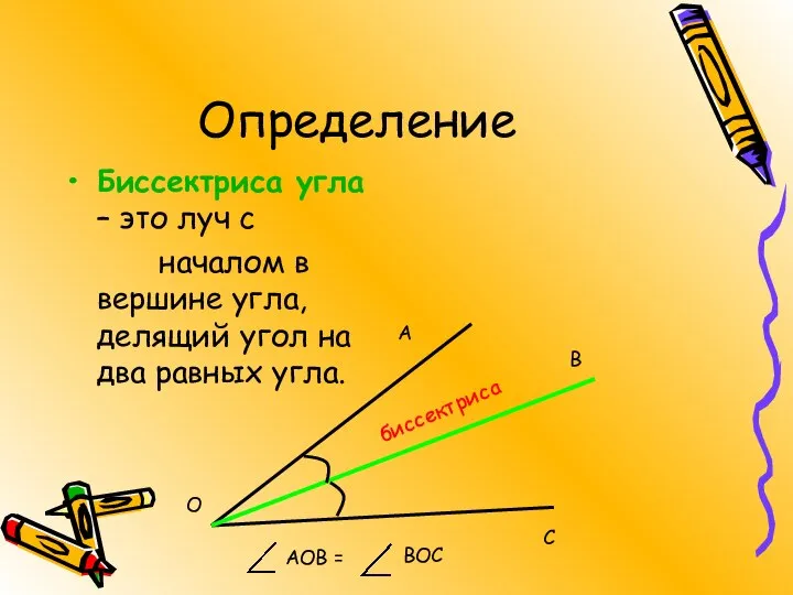 Определение Биссектриса угла – это луч с началом в вершине угла,