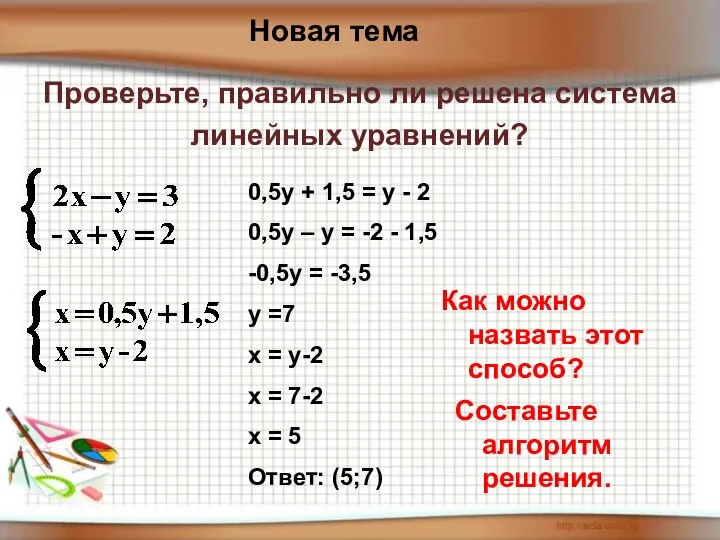 Проверьте, правильно ли решена система линейных уравнений? 0,5у + 1,5 =