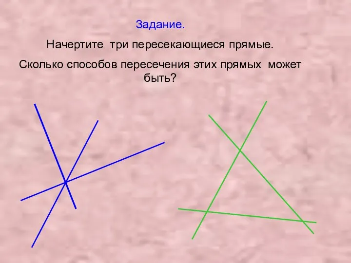 Задание. Начертите три пересекающиеся прямые. Сколько способов пересечения этих прямых может быть?