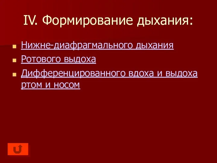 IV. Формирование дыхания: Нижне-диафрагмального дыхания Ротового выдоха Дифференцированного вдоха и выдоха ртом и носом