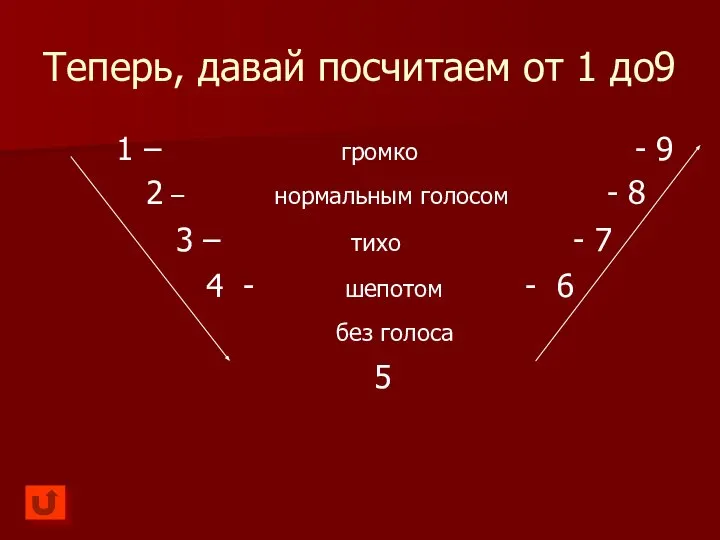 Теперь, давай посчитаем от 1 до9 1 – громко - 9