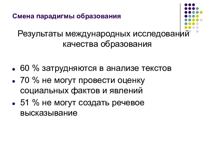 Смена парадигмы образования Результаты международных исследований качества образования 60 % затрудняются