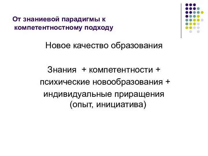 От знаниевой парадигмы к компетентностному подходу Новое качество образования Знания +