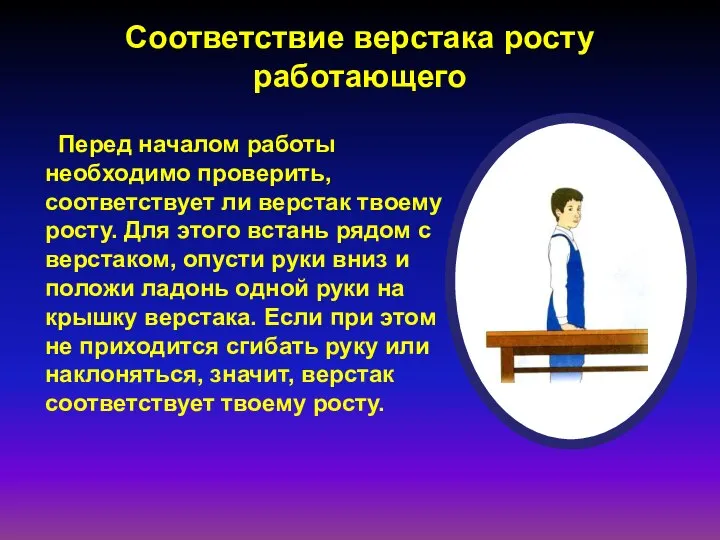 Соответствие верстака росту работающего Перед началом работы необходимо проверить, соответствует ли