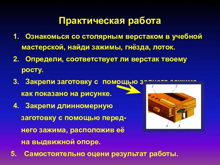 Практическая работа 1. Ознакомься со столярным верстаком в учебной мастерской, найди