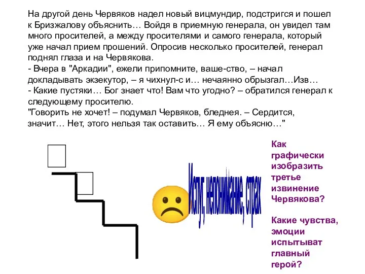   ☹ На другой день Червяков надел новый вицмундир, подстригся