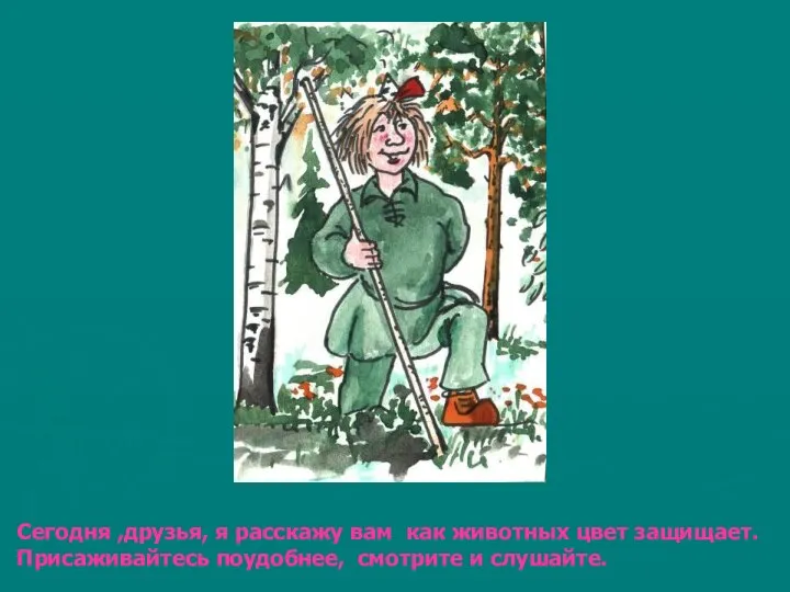 Сегодня ,друзья, я расскажу вам как животных цвет защищает. Присаживайтесь поудобнее, смотрите и слушайте.