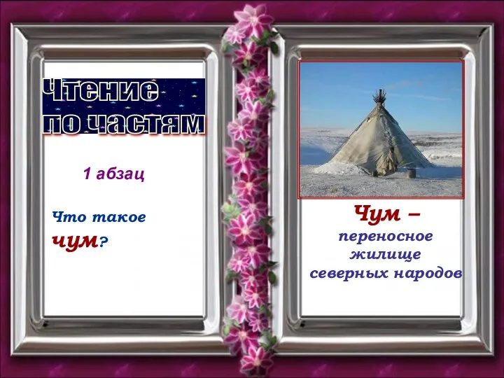 Чтение по частям Что такое чум? Чум – переносное жилище северных народов 1 абзац