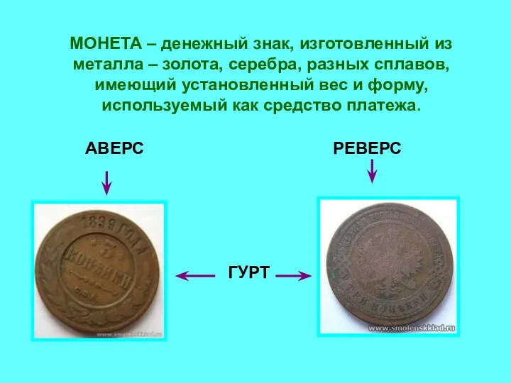 МОНЕТА – денежный знак, изготовленный из металла – золота, серебра, разных