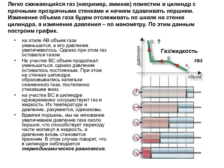 Легко сжижающийся газ (например, аммиак) поместим в цилиндр с прочными прозрачными