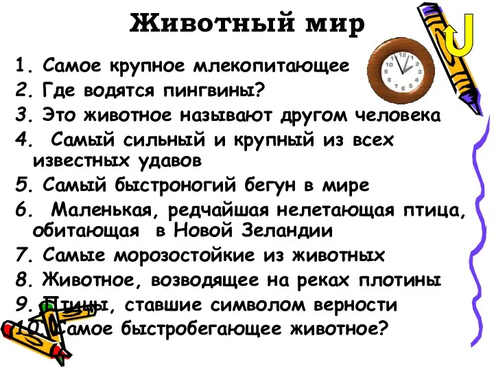 Животный мир 1. Самое крупное млекопитающее 2. Где водятся пингвины? 3.