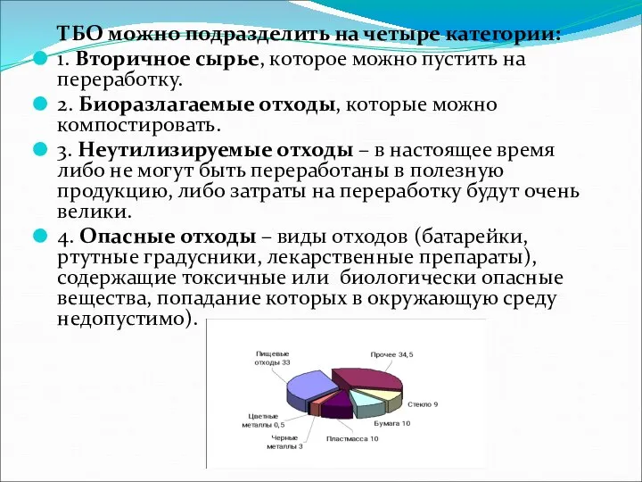 ТБО можно подразделить на четыре категории: 1. Вторичное сырье, которое можно