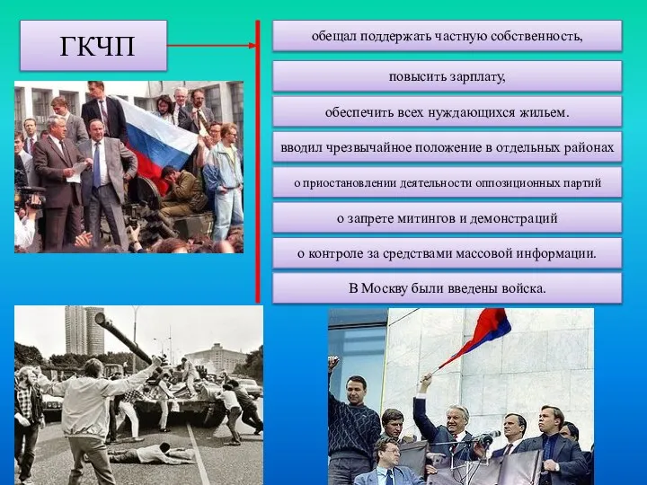 ГКЧП обещал поддержать частную собственность, повысить зарплату, обеспечить всех нуждающихся жильем.