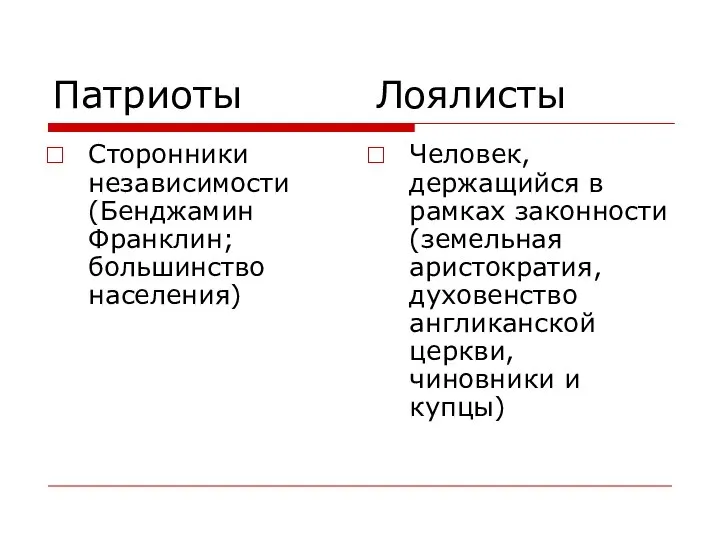 Патриоты Лоялисты Сторонники независимости (Бенджамин Франклин; большинство населения) Человек, держащийся в