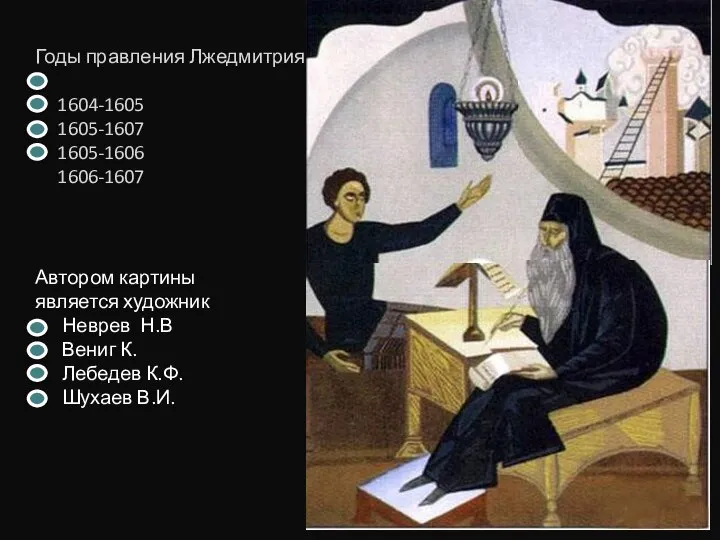 Годы правления Лжедмитрия 1 1604-1605 1605-1607 1605-1606 1606-1607 Автором картины является