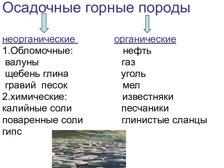 Осадочные горные породы неорганические органические 1.Обломочные: нефть валуны газ щебень глина