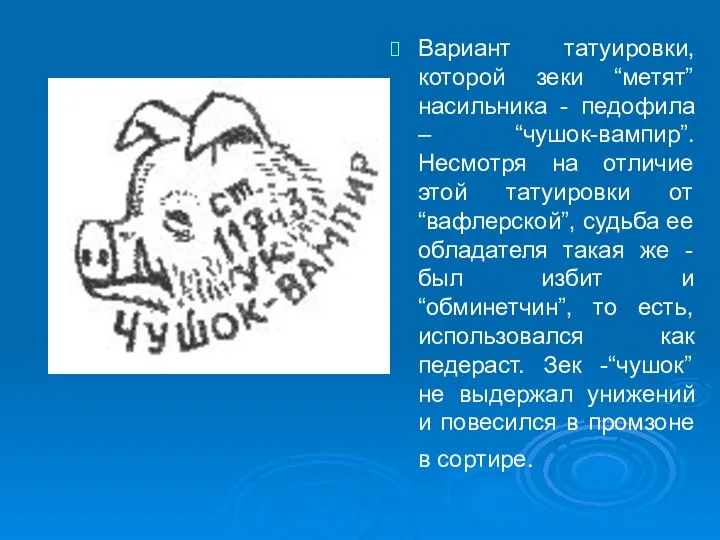 Вариант татуировки, которой зеки “метят” насильника - педофила – “чушок-вампир”. Несмотря