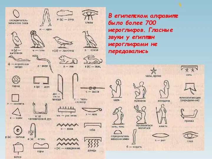 В египетском алфавите было более 700 иероглифов. Гласные звуки у египтян иероглифами не передавались