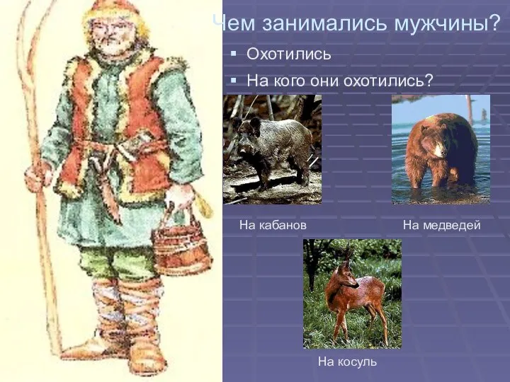 Чем занимались мужчины? Охотились На кого они охотились? На кабанов На медведей На косуль