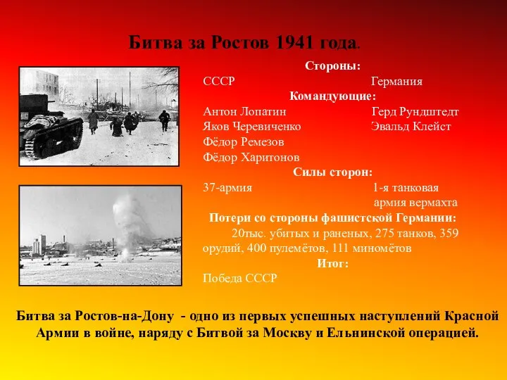 Битва за Ростов 1941 года. Стороны: СССР Германия Командующие: Антон Лопатин