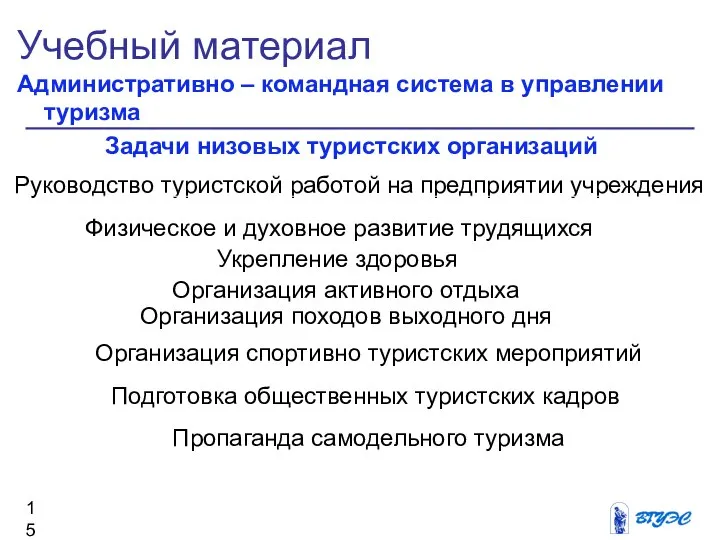 Учебный материал Административно – командная система в управлении туризма Задачи низовых