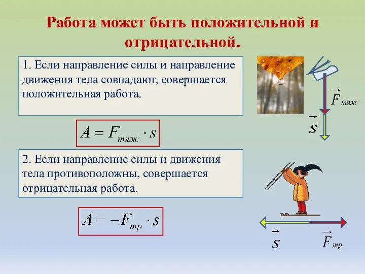 Работа может быть положительной и отрицательной. 1. Если направление силы и