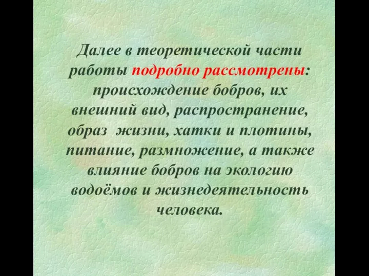 Далее в теоретической части работы подробно рассмотрены: происхождение бобров, их внешний