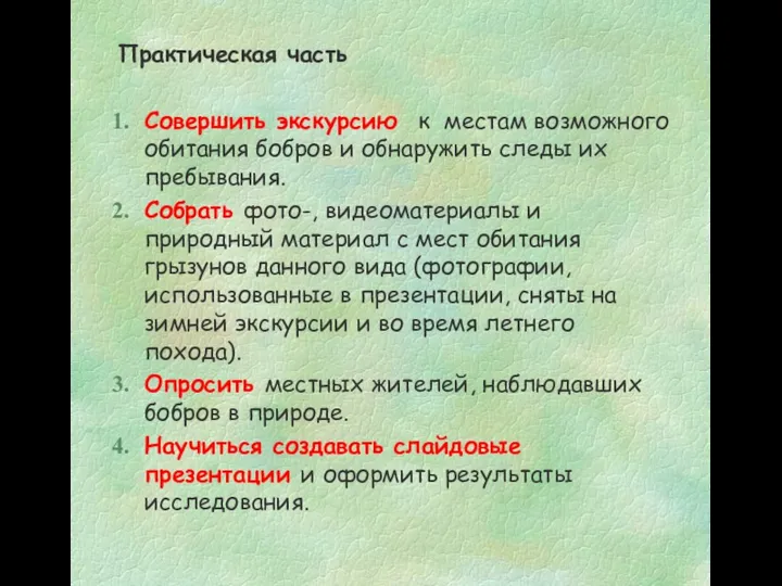 Практическая часть Совершить экскурсию к местам возможного обитания бобров и обнаружить