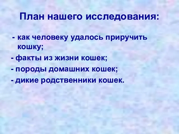 План нашего исследования: как человеку удалось приручить кошку; - факты из