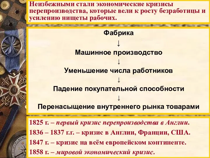 Неизбежными стали экономические кризисы перепроизводства, которые вели к росту безработицы и