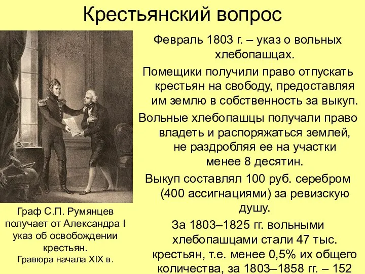 Крестьянский вопрос Февраль 1803 г. – указ о вольных хлебопашцах. Помещики