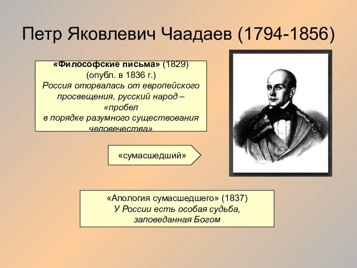 Петр Яковлевич Чаадаев (1794-1856) «Философские письма» (1829) (опубл. в 1836 г.)