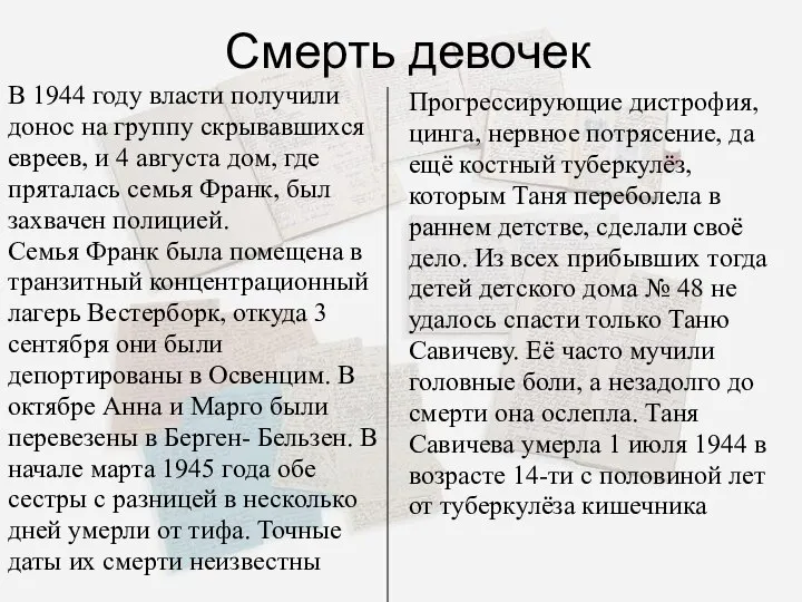 Смерть девочек В 1944 году власти получили донос на группу скрывавшихся