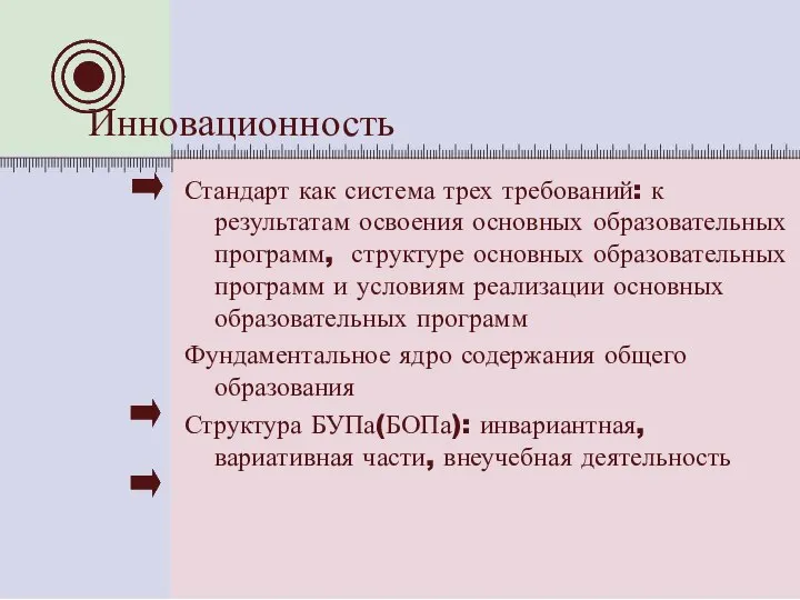 Инновационность Стандарт как система трех требований: к результатам освоения основных образовательных