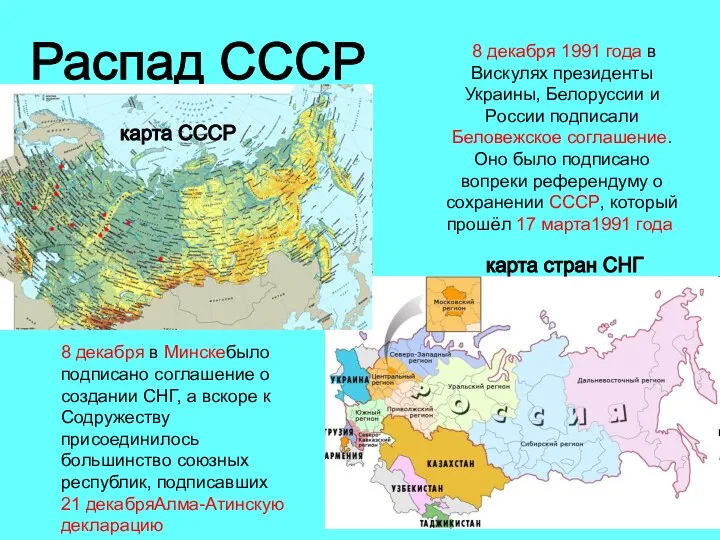 Распад СССР карта СССР карта стран СНГ 8 декабря 1991 года