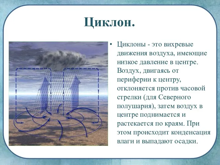 Циклон. Циклоны - это вихревые движения воздуха, имеющие низкое давление в