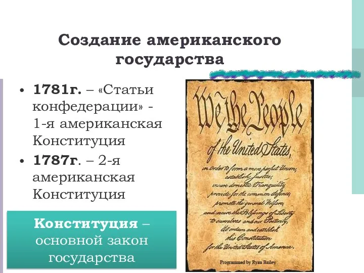 Создание американского государства 1781г. – «Статьи конфедерации» - 1-я американская Конституция