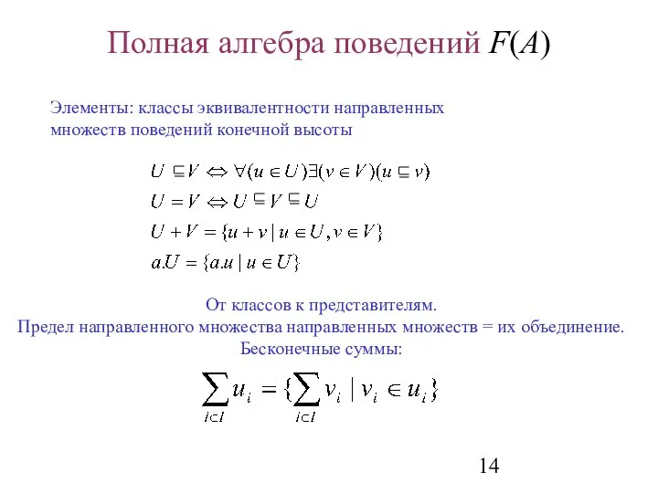 Полная алгебра поведений F(A) Элементы: классы эквивалентности направленных множеств поведений конечной