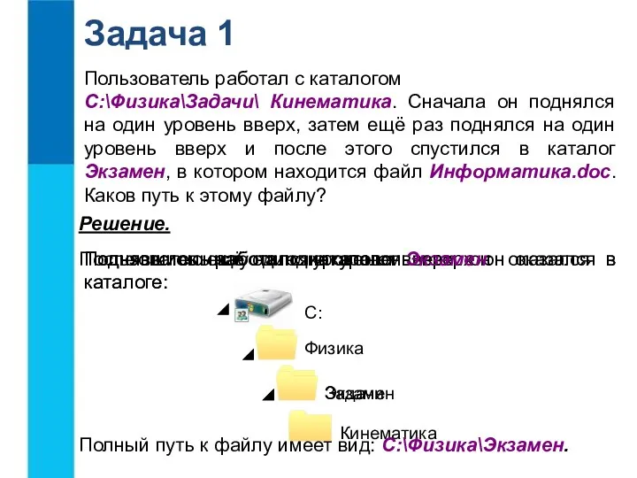 Пользователь работал с каталогом C:\Физика\Задачи\ Кинематика. Сначала он поднялся на один