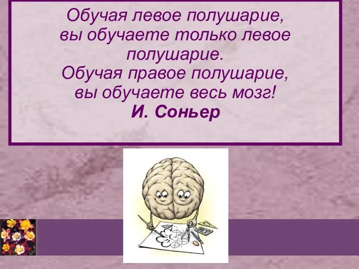 Обучая левое полушарие, вы обучаете только левое полушарие. Обучая правое полушарие,