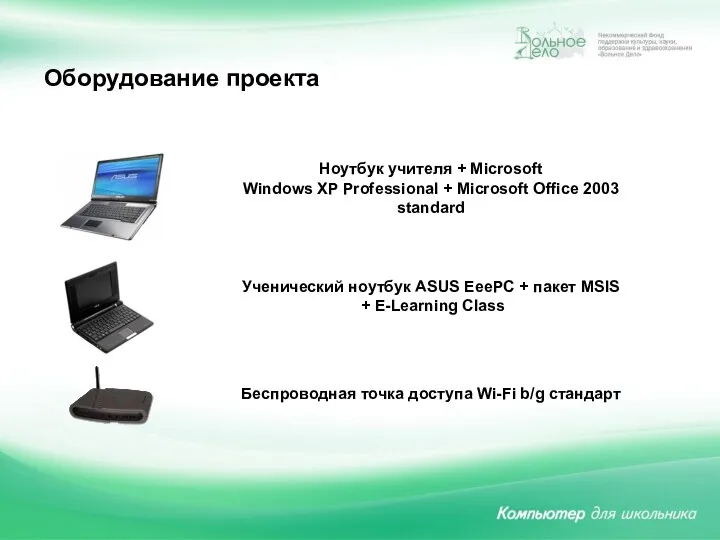 Оборудование проекта Ноутбук учителя + Microsoft Windows XP Professional + Microsoft