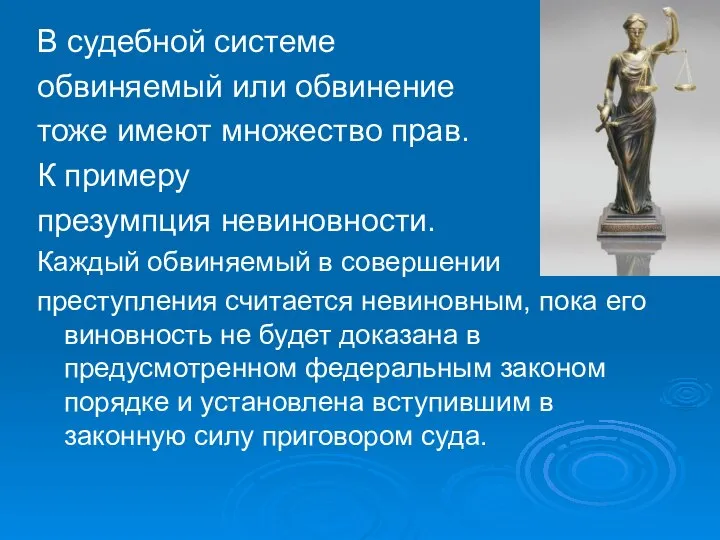 В судебной системе обвиняемый или обвинение тоже имеют множество прав. К