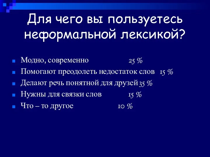 Для чего вы пользуетесь неформальной лексикой? Модно, современно 25 % Помогают