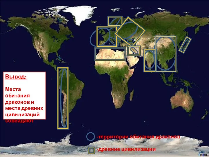 -территории обитания драконов -древние цивилизации Вывод: Места обитания драконов и места древних цивилизаций совпадают