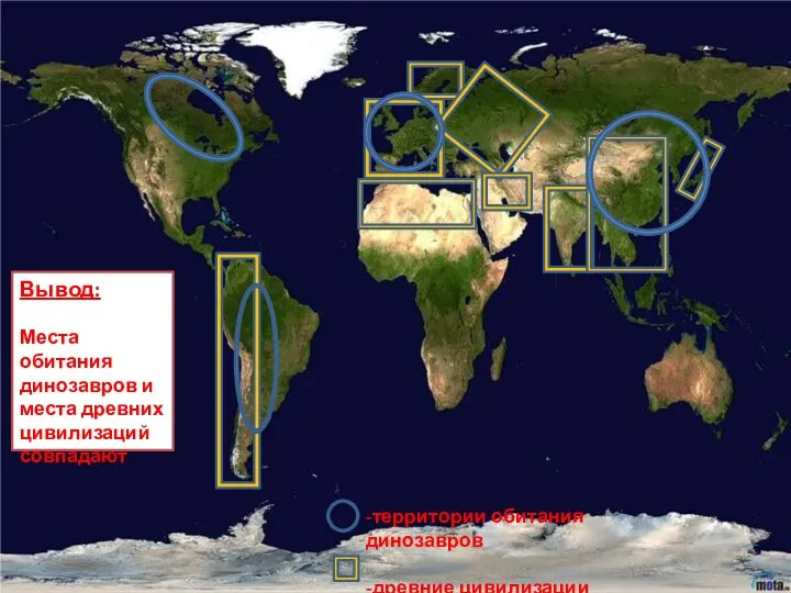 -территории обитания динозавров -древние цивилизации Вывод: Места обитания динозавров и места древних цивилизаций совпадают