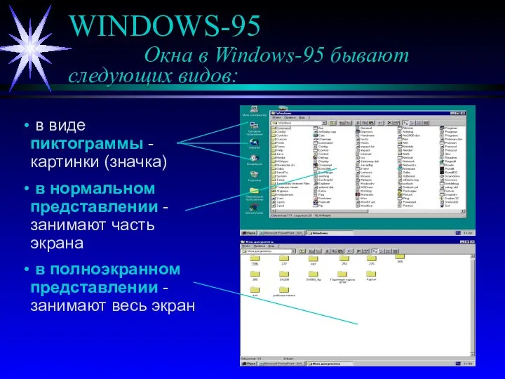 WINDOWS-95 Окна в Windows-95 бывают следующих видов: в виде пиктограммы -