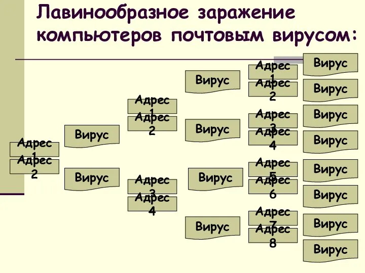 Лавинообразное заражение компьютеров почтовым вирусом: Адрес1 Адрес2 Адрес3 Адрес4 Адрес1 Адрес2